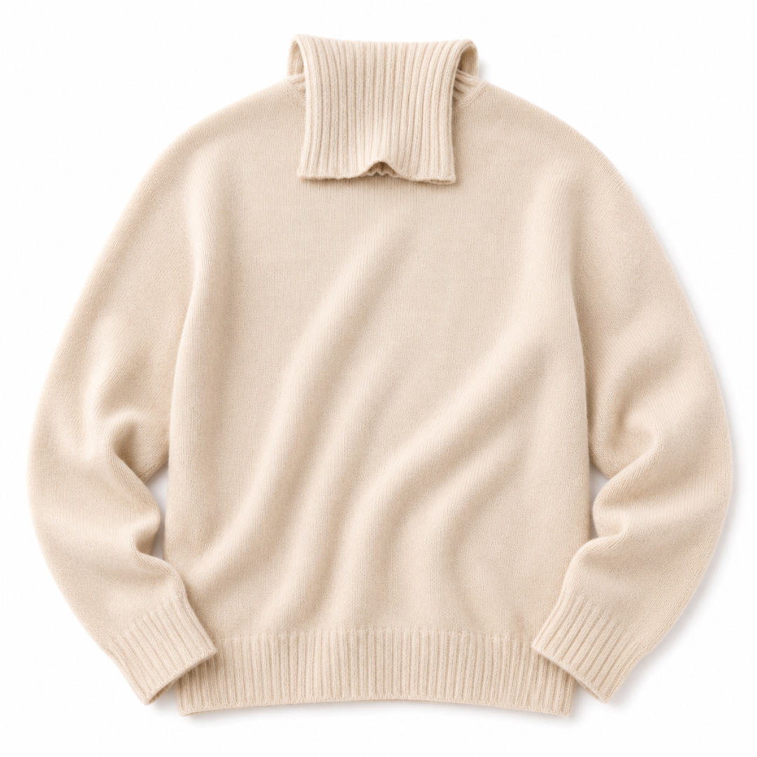 A cream-colored knit sweater with a ribbed mock neck, cuffs, and hem, displayed flat against a white background.