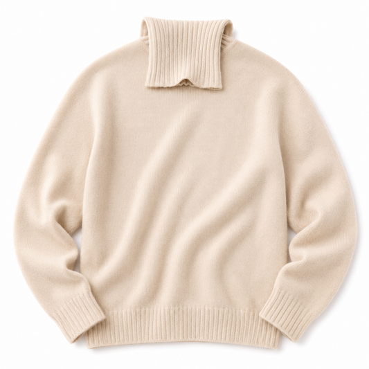 A cream-colored knit sweater with a ribbed mock neck, cuffs, and hem, displayed flat against a white background.