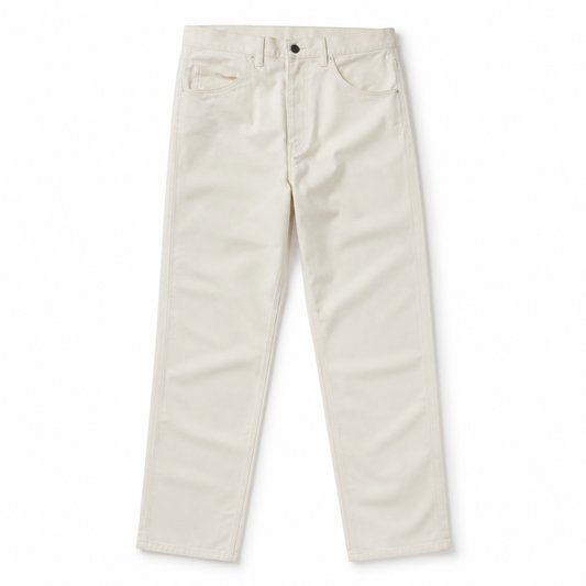 A pair of off-white or cream-colored straight-leg jeans laid flat against a solid white background.