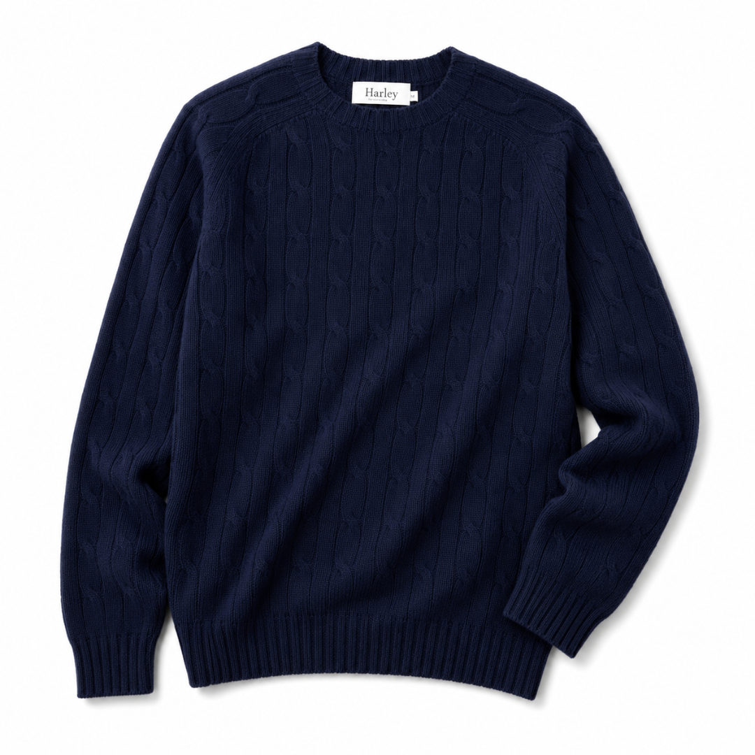 A navy blue cable-knit crewneck sweater by Harley, shown flat against a white background.