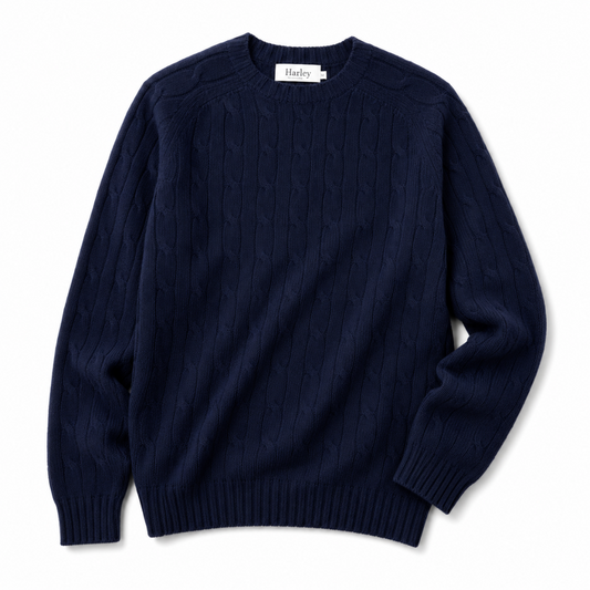A navy blue cable-knit crewneck sweater by Harley, shown flat against a white background.