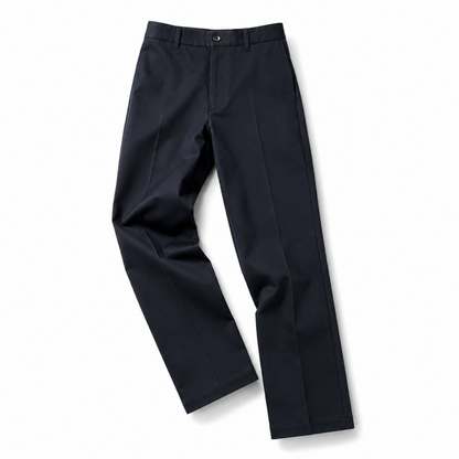 A pair of dark navy blue dress pants shown flat on a white background with a soft drop shadow.