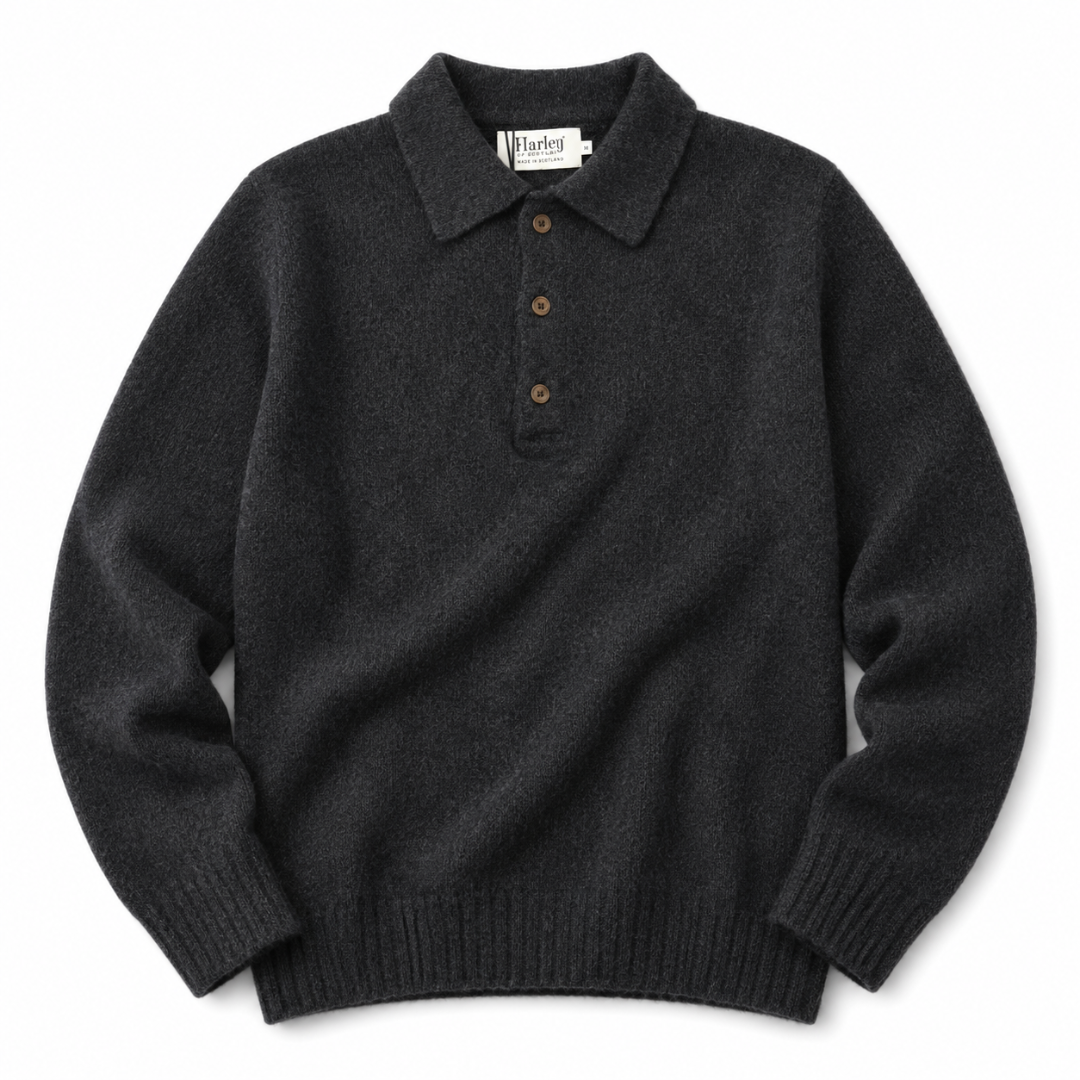 Harley of Scotland charcoal polo sweater jumper with a classic design, soft knit fabric, and ribbed collar and cuffs.