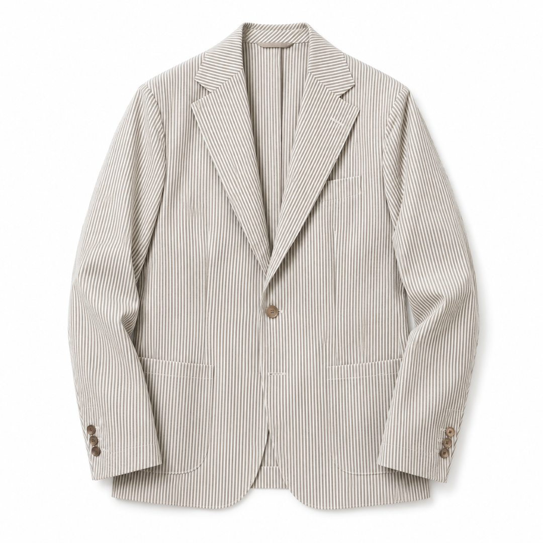 A light beige and white vertically striped blazer with a single brown button, displayed flat against a white background.