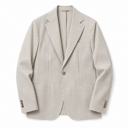 A light beige and white vertically striped blazer with a single brown button, displayed flat against a white background.