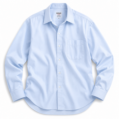 A light blue long-sleeve button-down dress shirt with a single chest pocket, laid flat on a white background.