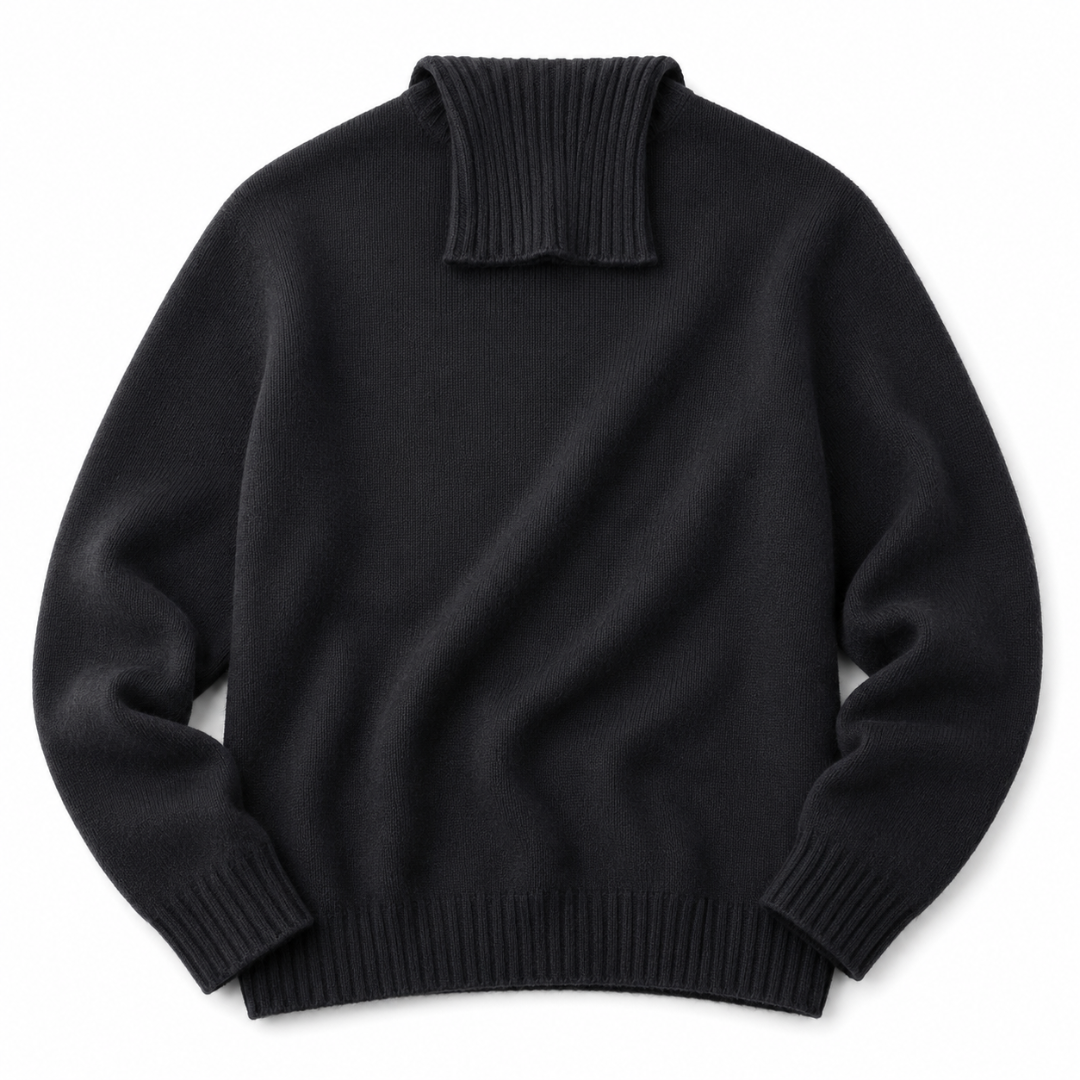 A black ribbed knit mock neck sweater shown from the back, laid flat on a white background.