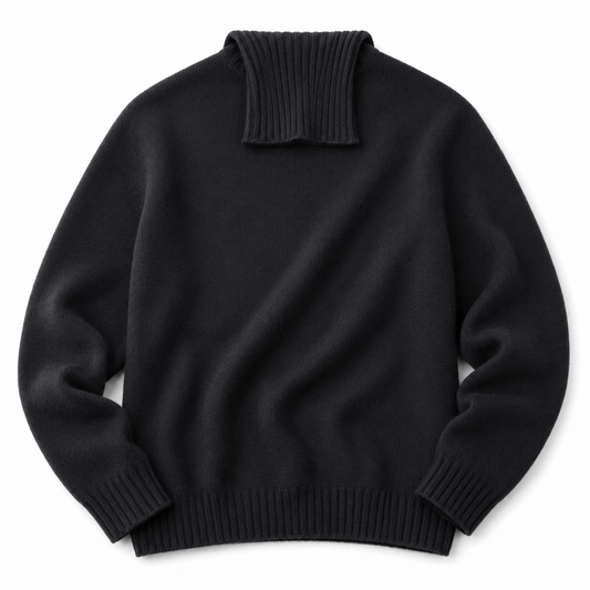 A black ribbed knit mock neck sweater shown from the back, laid flat on a white background.