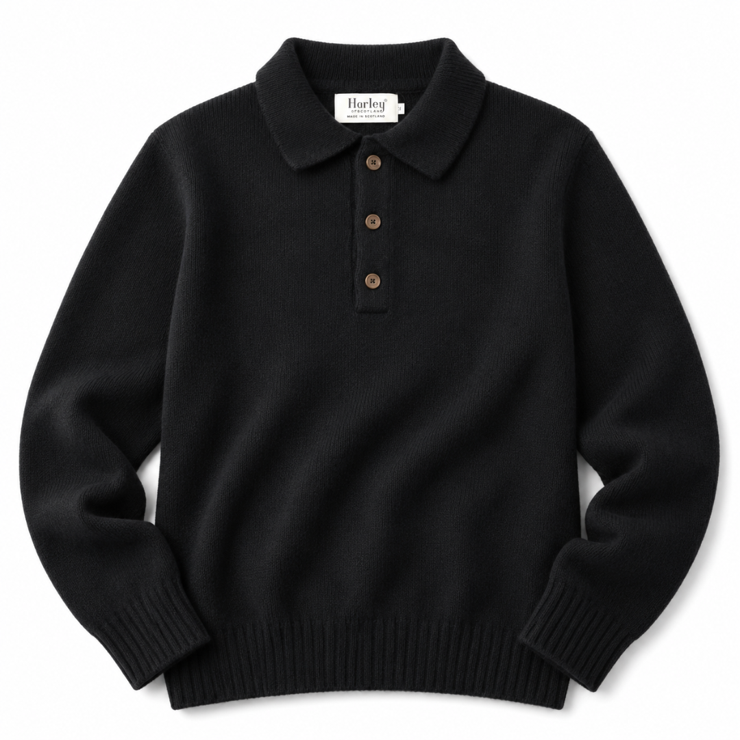 A black long-sleeve knit polo sweater with a three-button placket, displayed flat against a clean white background.