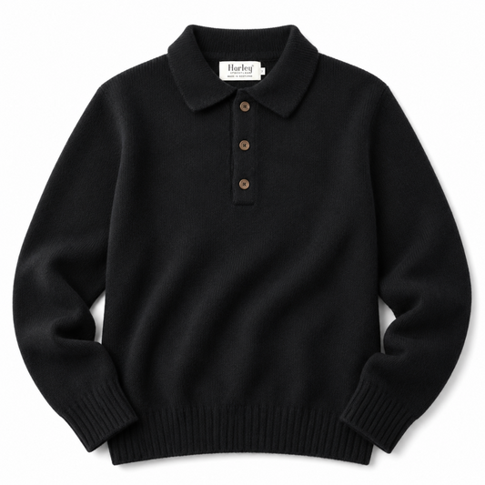 A black long-sleeve knit polo sweater with a three-button placket, displayed flat against a clean white background.