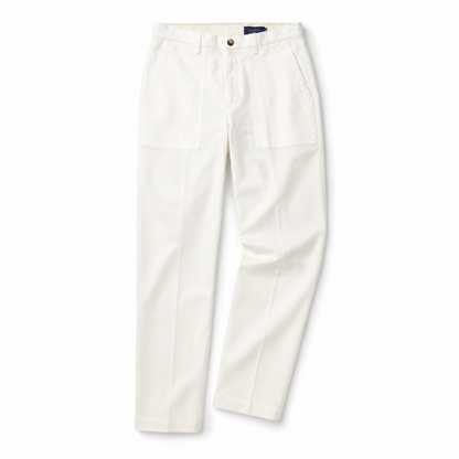 A pair of off-white chino pants with a button closure and belt loops, laid flat against a clean white background.