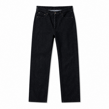 Black denim jeans shown flat against a plain white background.