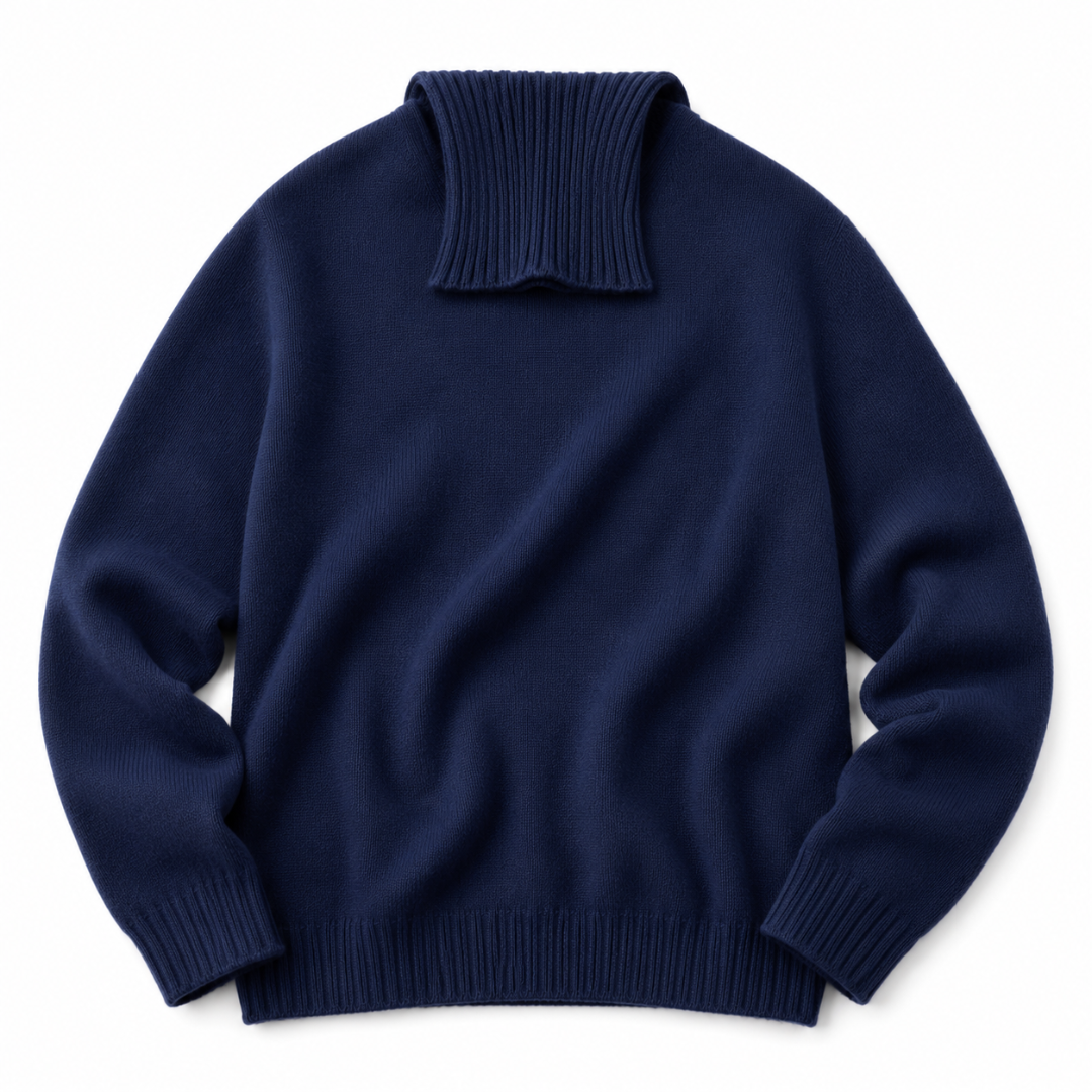 A navy blue knit sweater with a ribbed mock neck, long sleeves, and a ribbed hem and cuffs, shown flat on a white background.