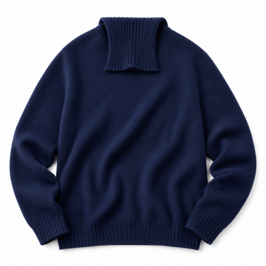 A navy blue knit sweater with a ribbed mock neck, long sleeves, and a ribbed hem and cuffs, shown flat on a white background.