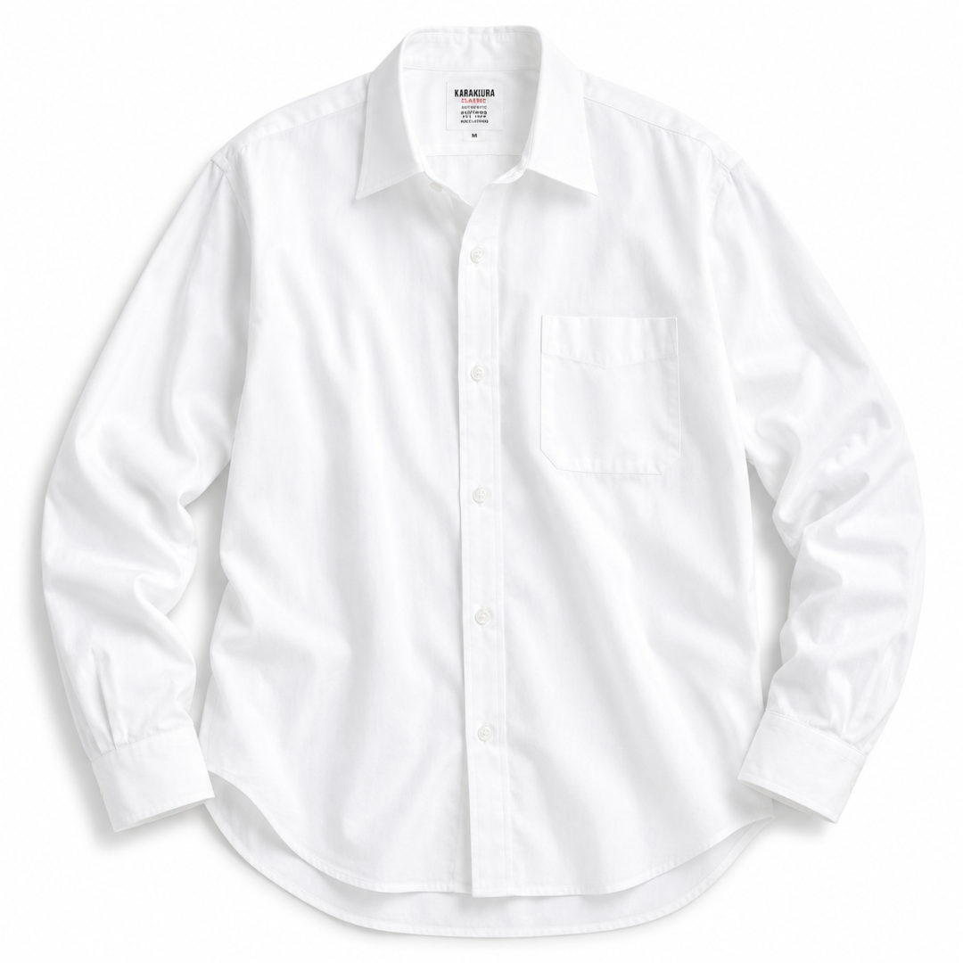 A white long-sleeve button-down dress shirt with a single chest pocket, laid flat against a white background.