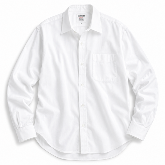 A white long-sleeve button-down dress shirt with a single chest pocket, laid flat against a white background.