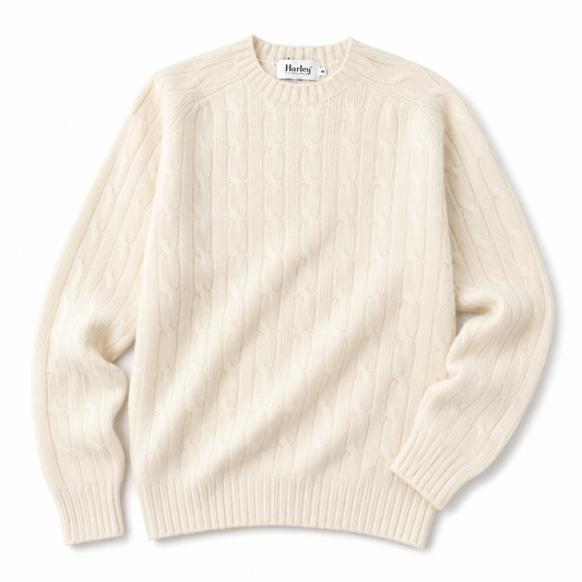 Harley of Scotland - Crew Neck Sweater, Cable Knit - Off White