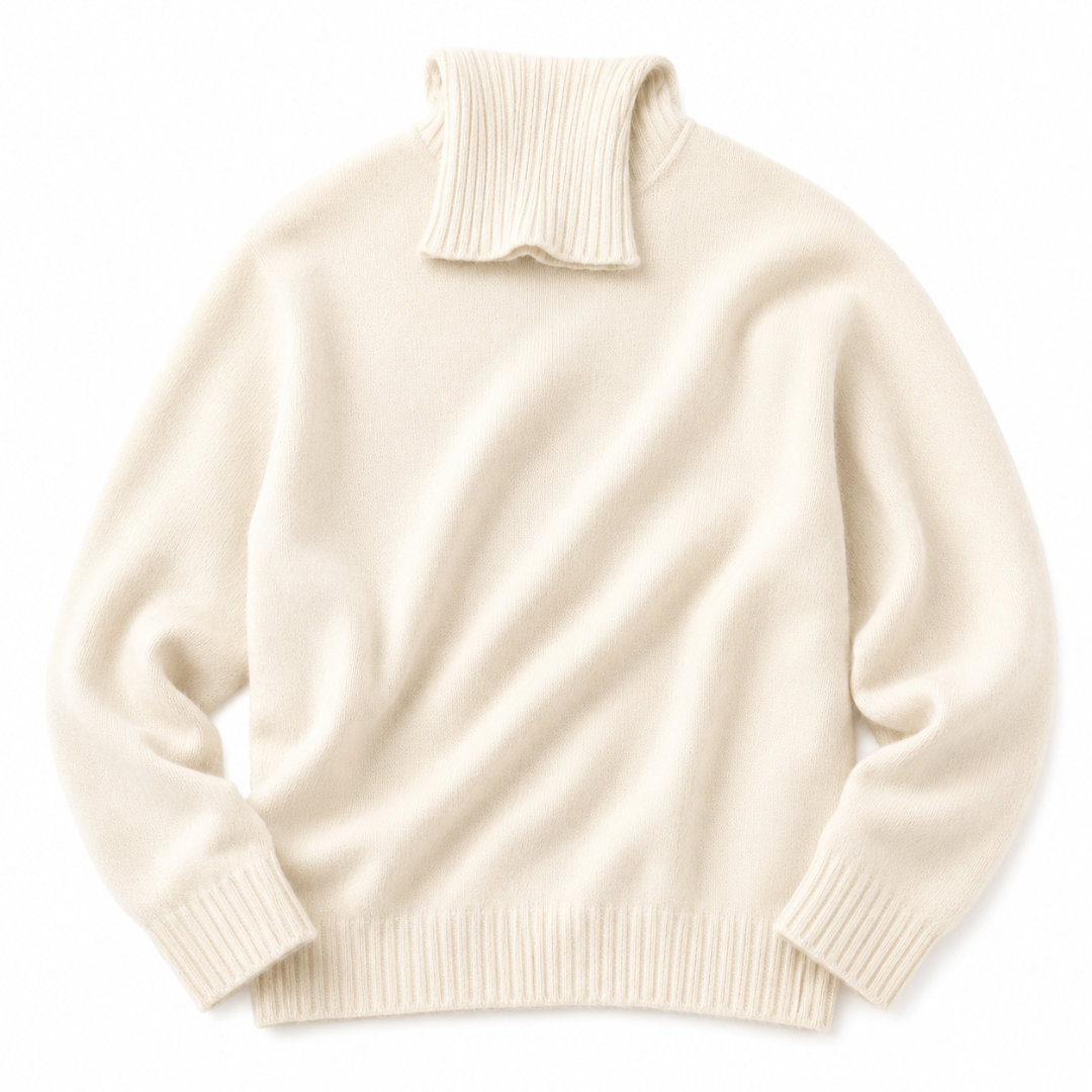 A cream-colored knit sweater with a ribbed mock neck, cuffs, and hem, displayed flat against a white background.