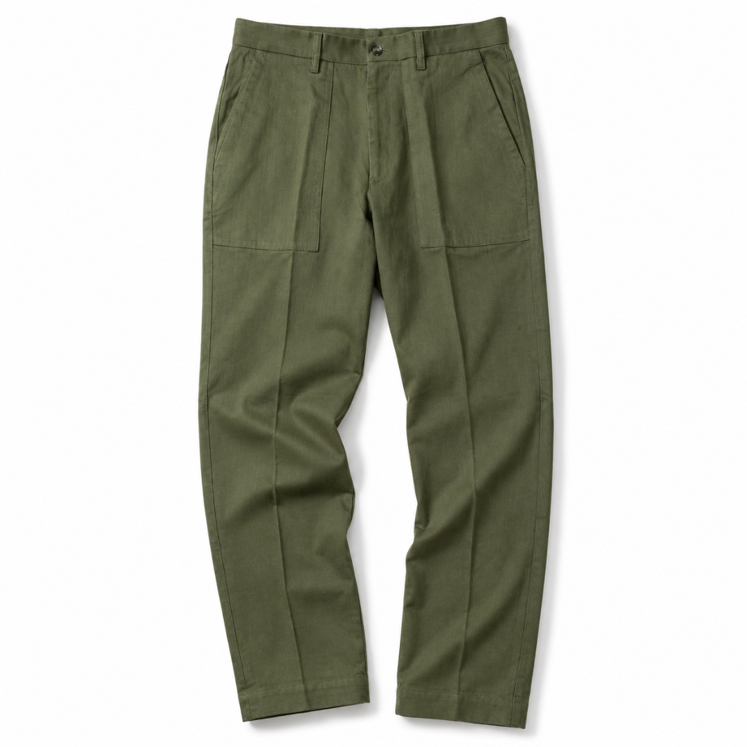 Olive green pleated trousers shown flat against a white background.