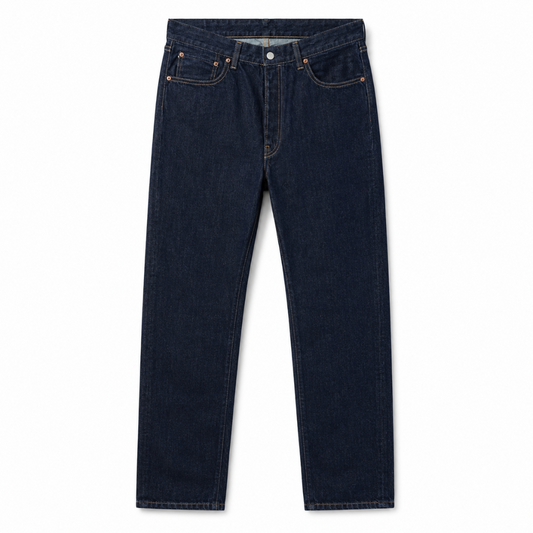 A pair of dark navy blue denim jeans shown flat against a plain white background.