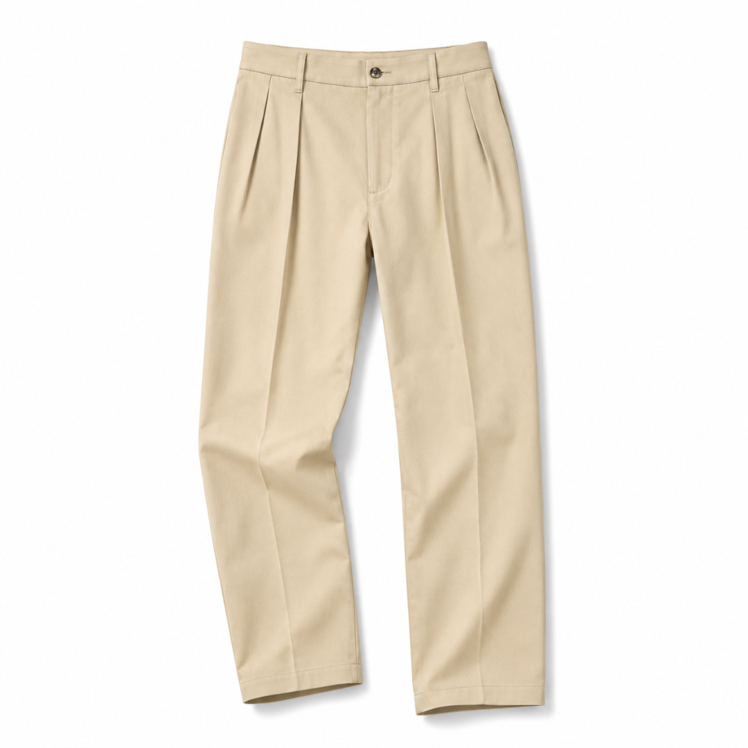 A pair of men's beige pleated trousers shown flat against a clean white background.
