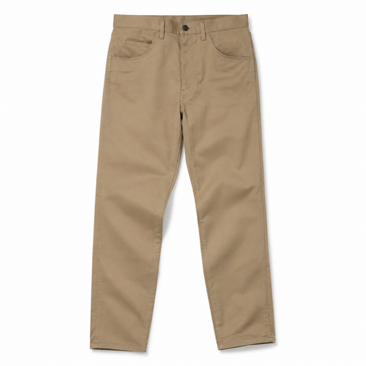 A pair of khaki-colored slim-fit pants shown flat against a plain white background.