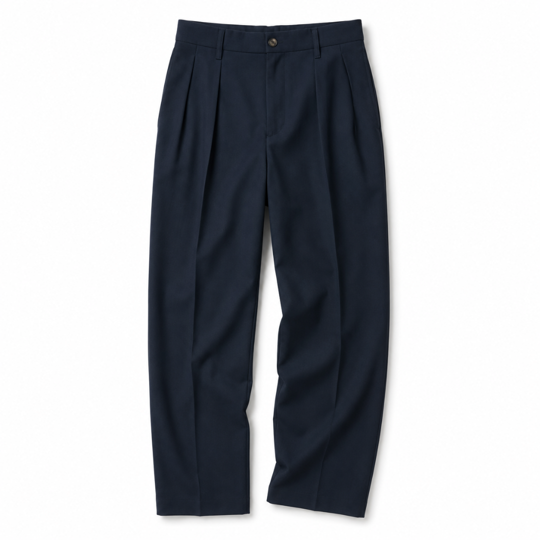 A pair of dark navy blue pleated trousers shown flat against a plain white background.