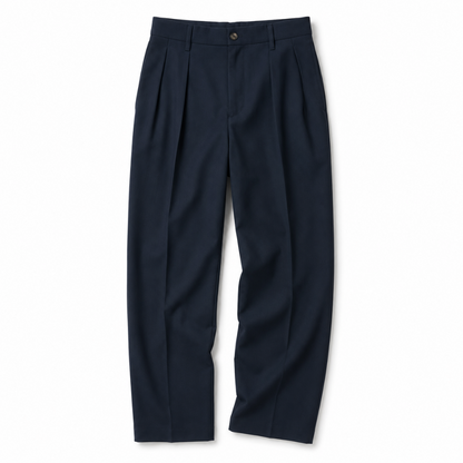 A pair of dark navy blue pleated trousers shown flat against a plain white background.