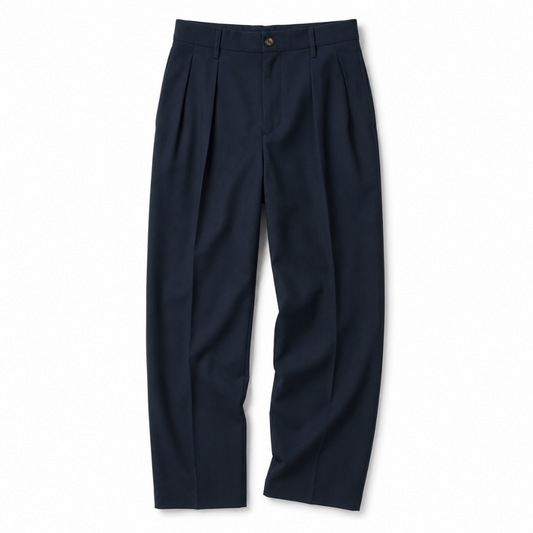 A pair of dark navy blue pleated trousers shown flat against a plain white background.
