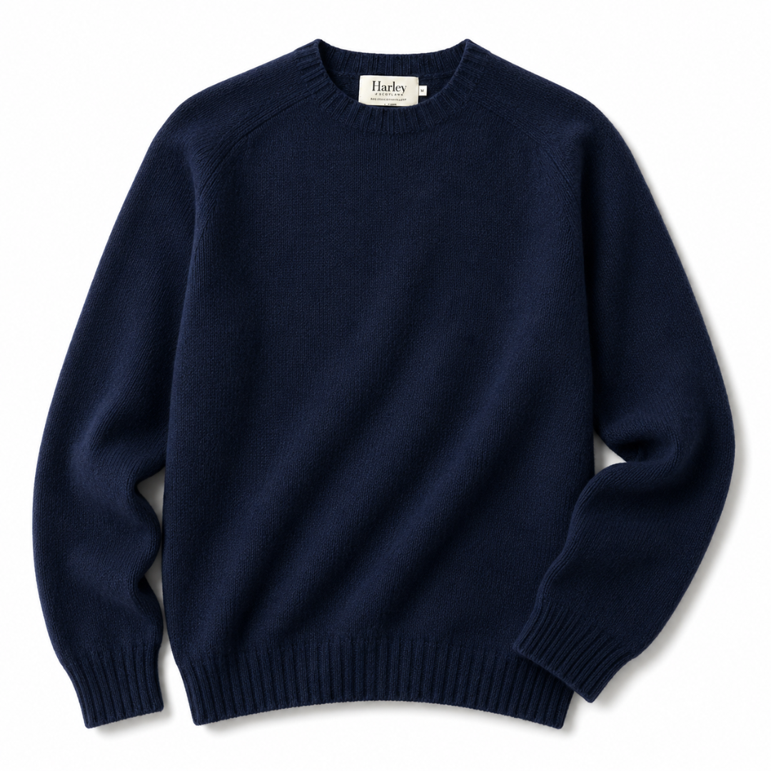 A navy blue knit crewneck sweater by Harby, shown flat against a white background.