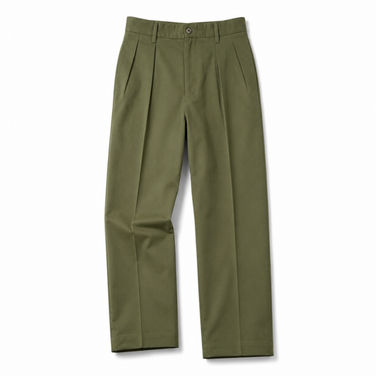 A pair of olive green pleated trousers shown flat against a plain white background.