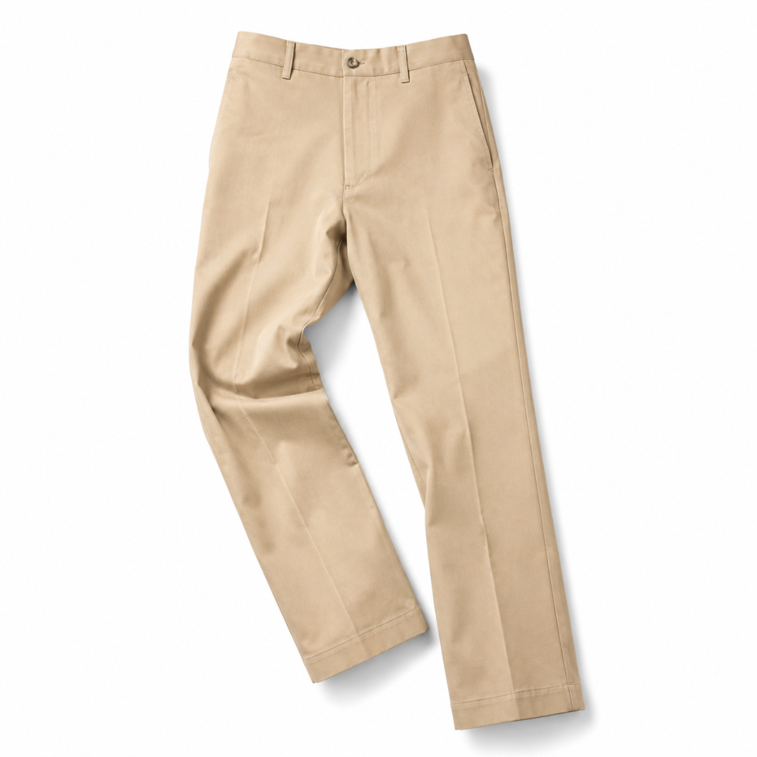 Barnstormer beige flat front chino trouser displayed on a hanger, showcasing its clean, tailored fit and classic trouser style.