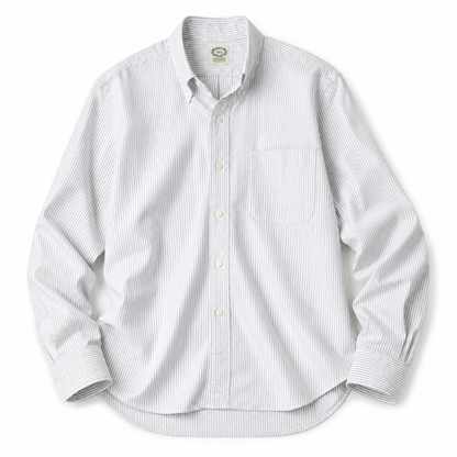 A white long-sleeve button-down shirt with thin vertical blue pinstripes, featuring a classic collar, button-up front, and a single chest pocket, laid flat against a white background.