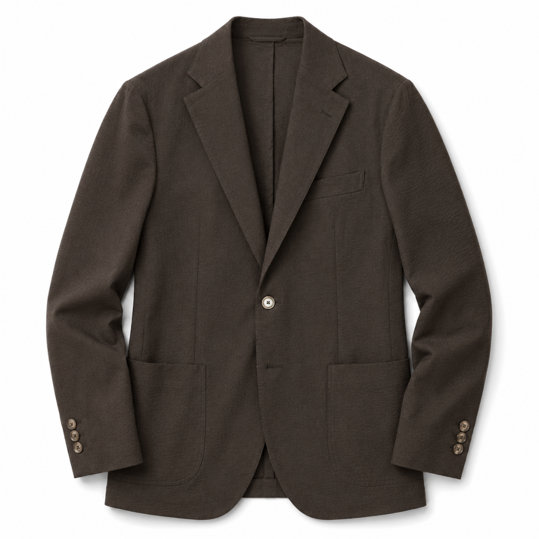 A dark brown single-breasted blazer with notch lapels, a single button closure, and front patch pockets, shown on a plain white background.