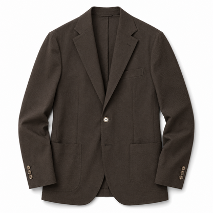 A dark brown single-breasted blazer with notch lapels, a single button closure, and front patch pockets, shown on a plain white background.