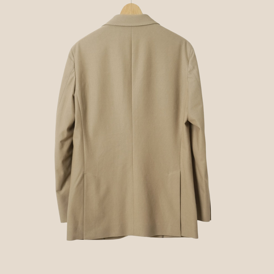 Kamakura beige cotton stretch blazer jacket with tailored fit and notched lapels, displayed on a hanger.