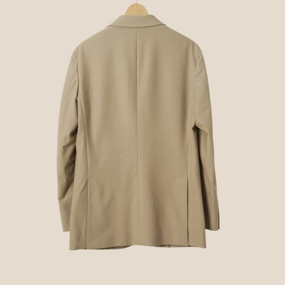 Kamakura beige cotton stretch blazer jacket with tailored fit and notched lapels, displayed on a hanger.