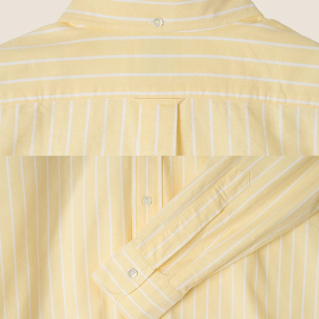 Kamakura Vintage IVY Reverse Stripe Yellow Shirt featuring classic collar, button front, and vintage-inspired design.