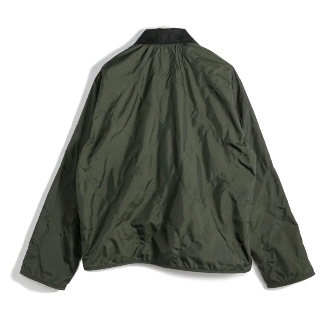 Lavenham olive windbreaker jacket shown on a hanger, lightweight outerwear with a smooth fabric finish and classic design.