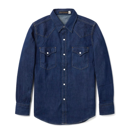 Full Count Western denim shirt with button-down front and classic western yoke, shown in a natural denim fabric.