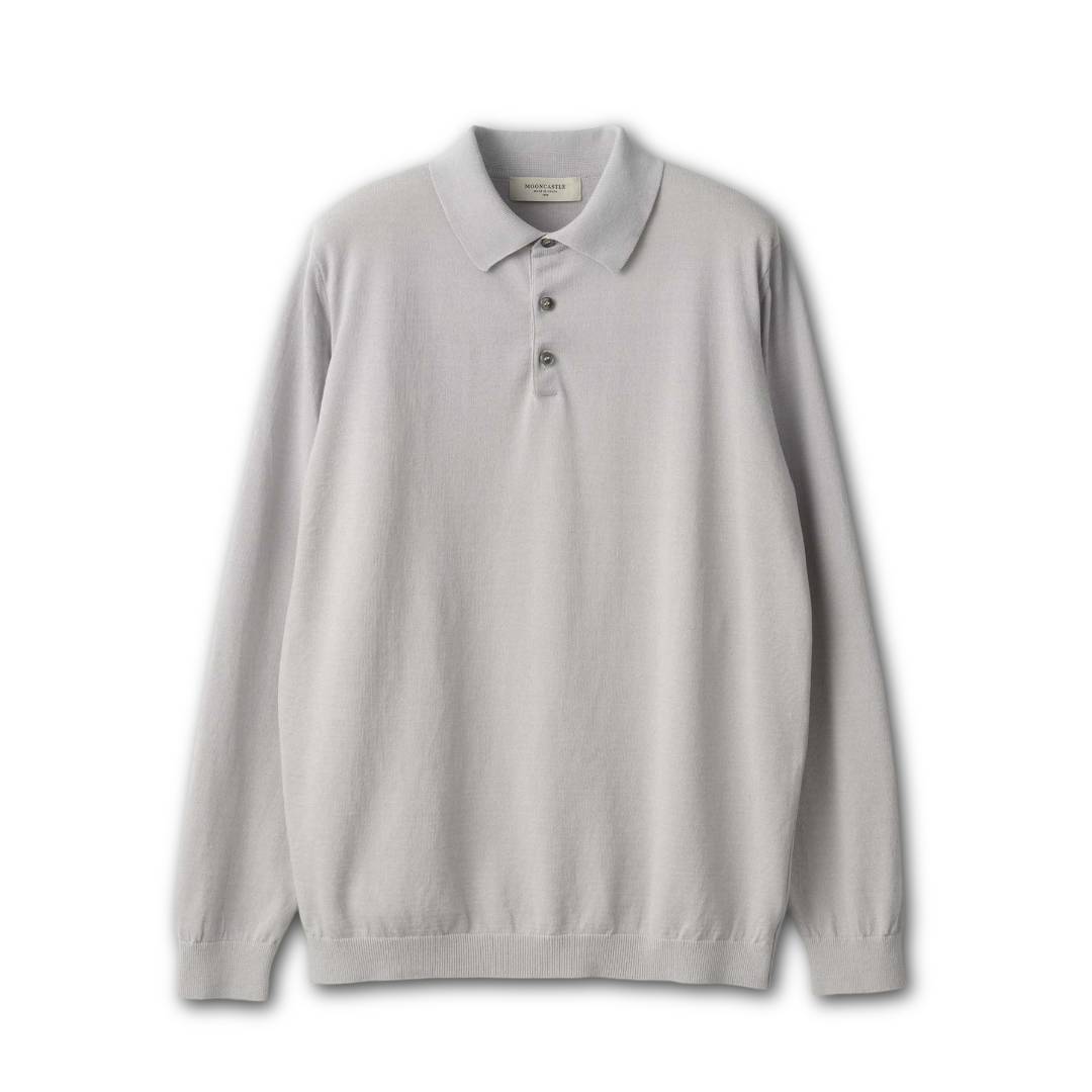 Mooncastle grey ice cotton polo neck long sleeve shirt, showcasing a casual and comfortable men's polo top with a classic fit.
