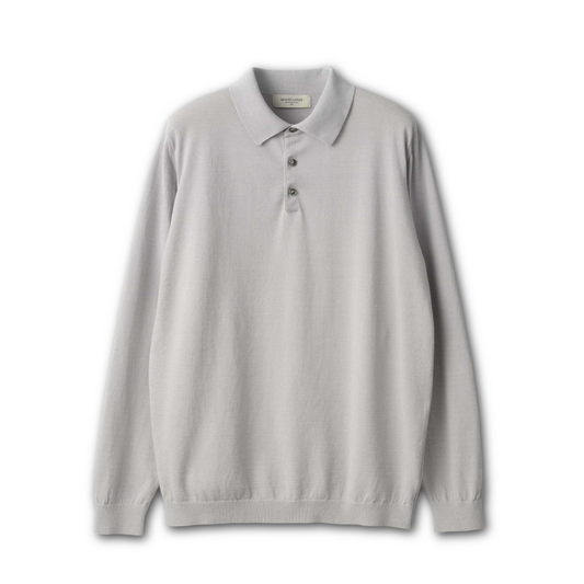 Mooncastle grey ice cotton polo neck long sleeve shirt, showcasing a casual and comfortable men's polo top with a classic fit.