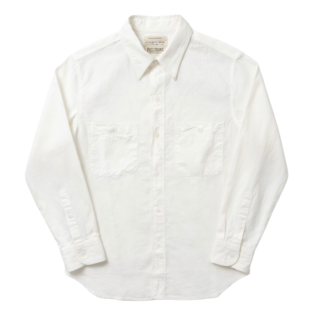 White Full Count Chambray Shirt 4810 with classic collar, button-down front, and long sleeves, displayed flat.