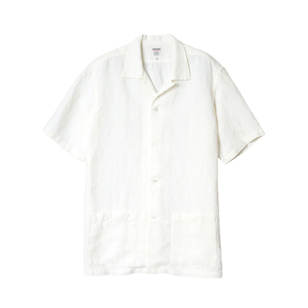 Kamakura Shonan Beach white linen shirt displayed flat, showcasing its extra heavy, breathable fabric and casual beachwear style.