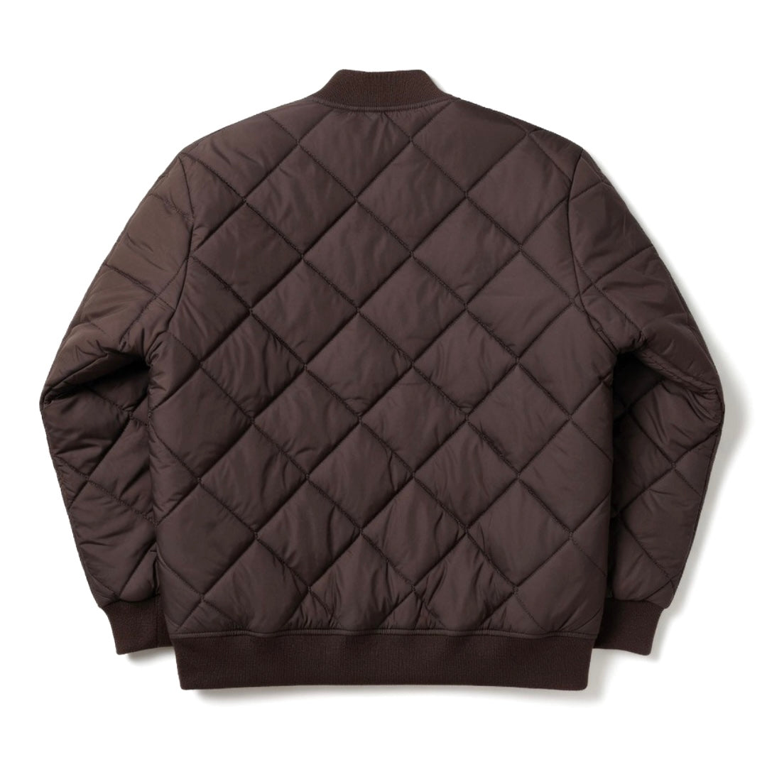 Lavenham chocolate bomber jacket, stylish outerwear with a classic design, displayed on a hanger against a neutral background.