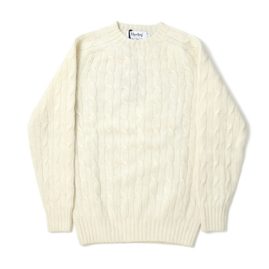Harley of Scotland - Crew Neck Sweater, Cable Knit - Off White