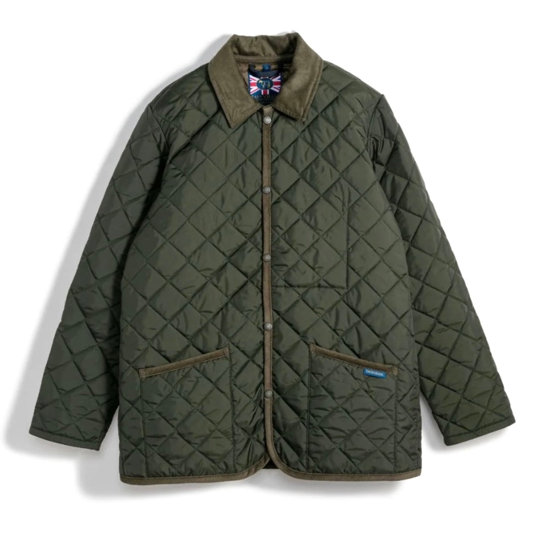 Quilted jacket with a patterned collar on a white background