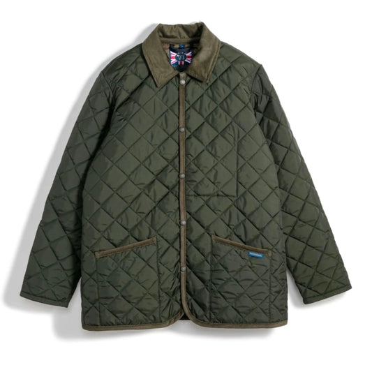 Quilted jacket with a patterned collar on a white background