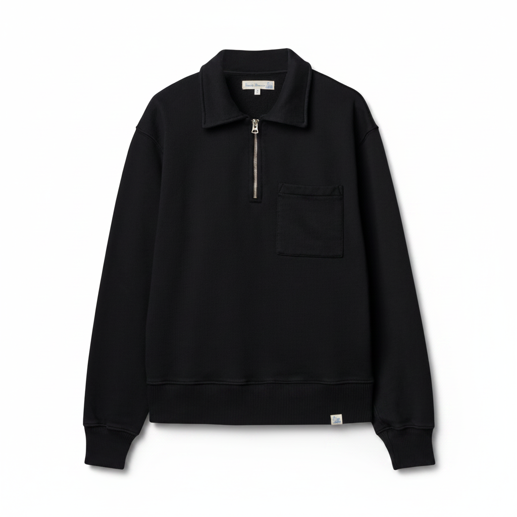 Black pullover with a quarter zip on a white background