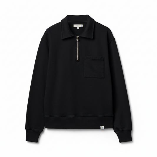 Black pullover with a quarter zip on a white background